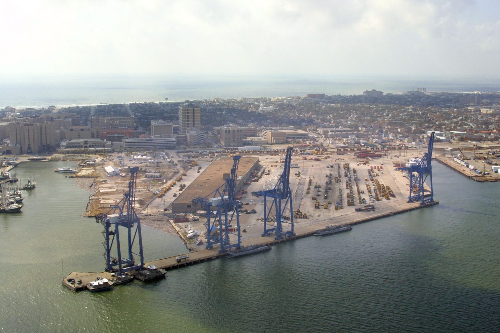 Aerial photograph of cargo berths and industrial terminals at the Port of Galveston, Texas